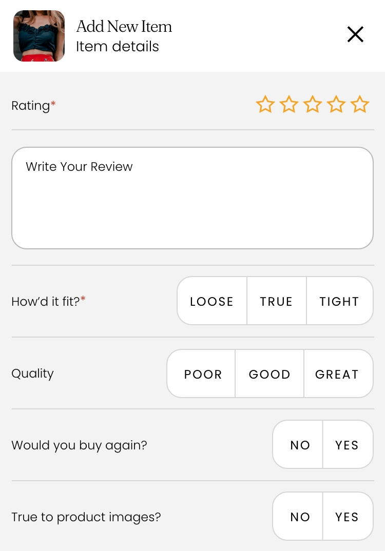 a graphic displaying a form with garment review information to be filled in